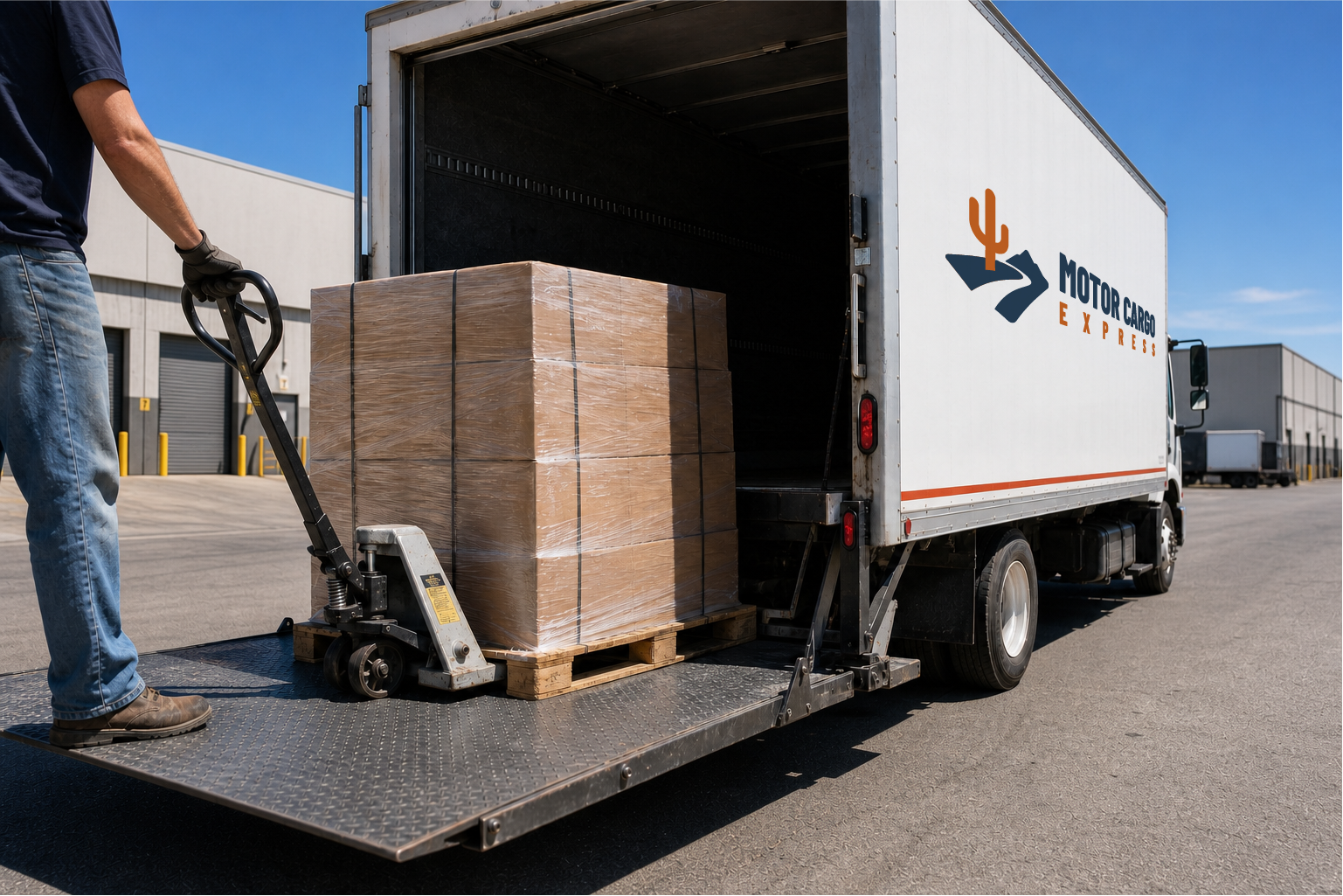 Motor Cargo Express driver lowering a shrink-wrapped pallet on the truck liftgate.